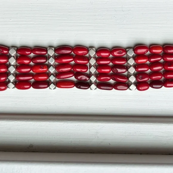 Vintage India Red Coral & Sterling Silver Bracelet